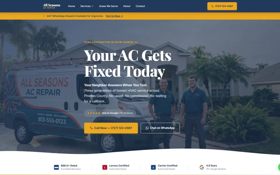 Desktop screenshot of a live HVAC contractor reference website built on the Get Called plan