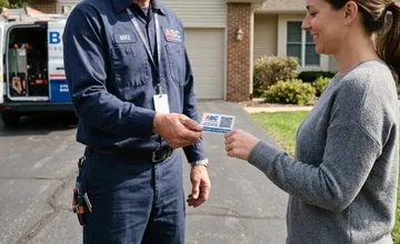 HVAC technician handing a QR review card to a homeowner in Palm Harbor
