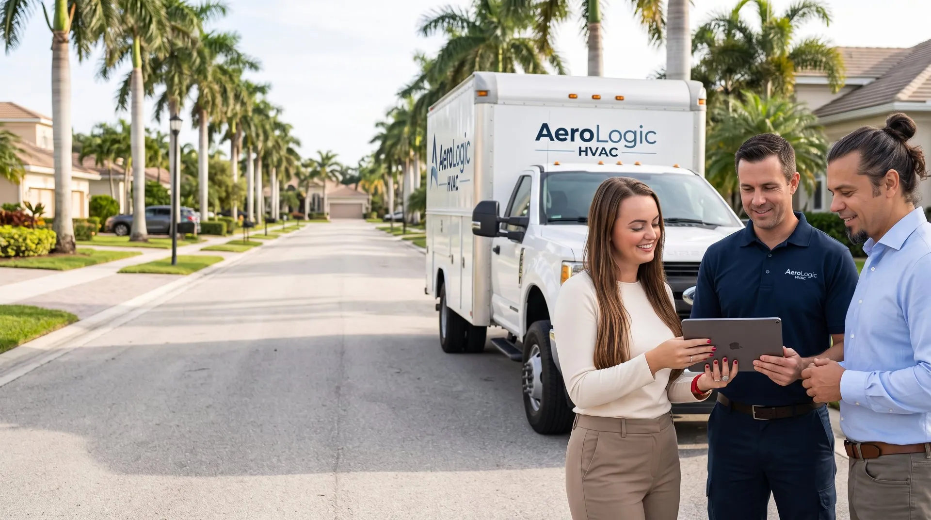 A Website and Reviews branded work truck parked in front of the Tampa skyline, representing a trade business ready to be found online