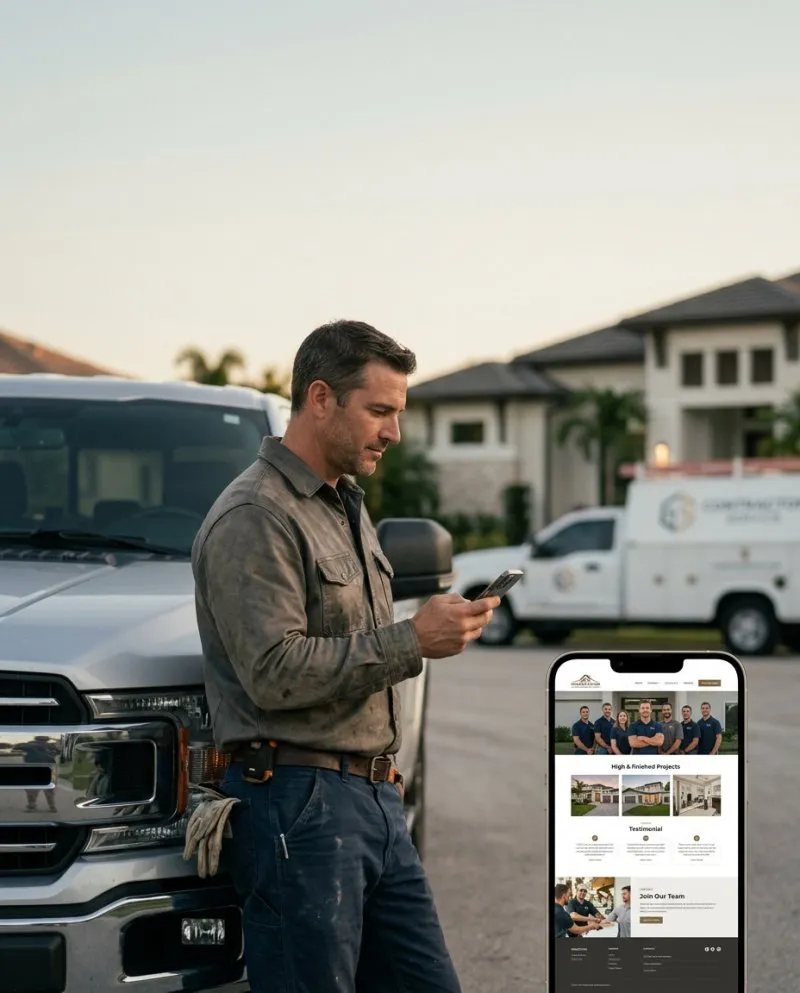 A team of tradesmen standing in front of a branded HVAC service truck, representing the crew a strong website helps attract