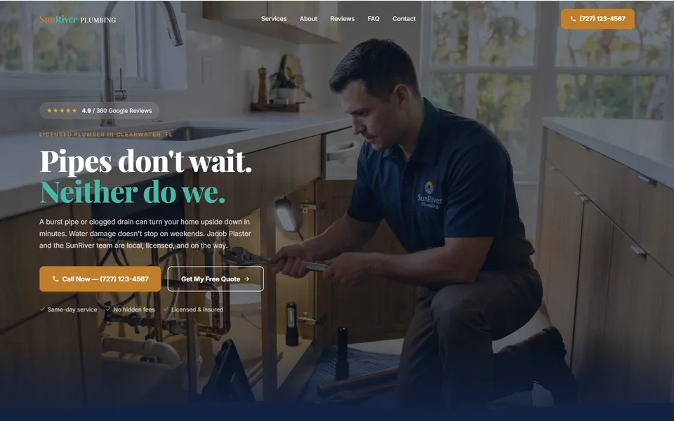 Desktop screenshot of a live plumbing contractor reference onepage website