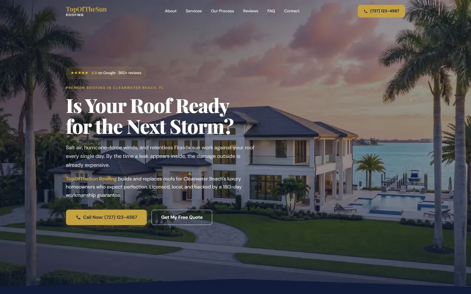 Desktop screenshot of a live roofing contractor reference onepage website