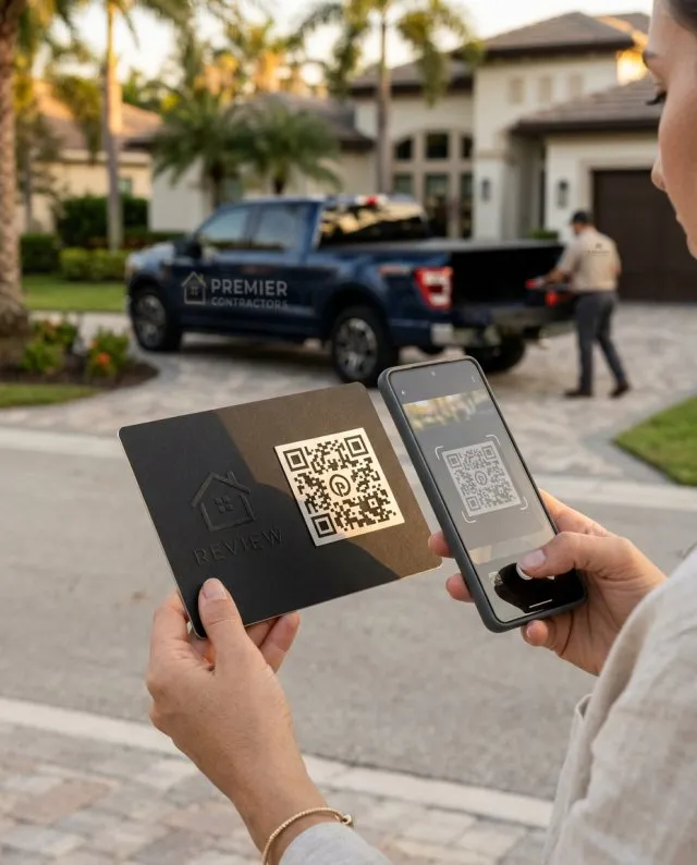 A branded Driveway-to-Maps QR review card resting on a truck dashboard at the end of a finished job
