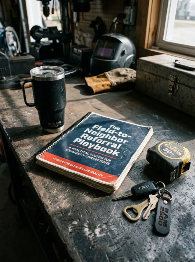 The physical printed referral playbook held open in real hands with a job site softly visible behind it