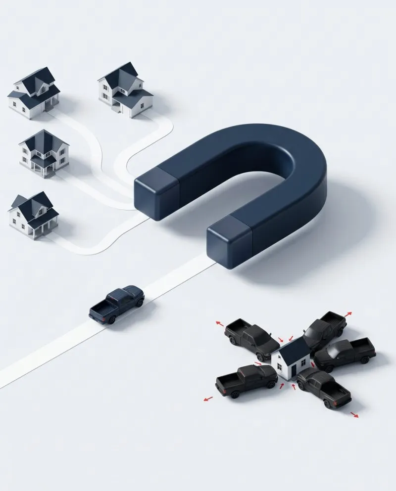 A stylized graphic showing a shared lead being split between several competing contractors, marked as an outdated approach