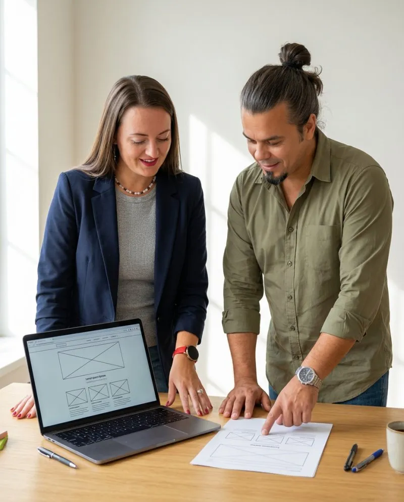 Niki and Peter of Website and Reviews reviewing a new contractor website build together at a work table