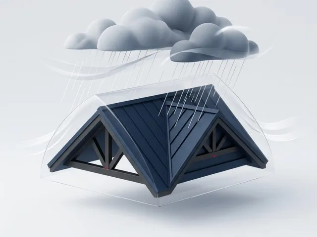 A close-up of new architectural shingles being installed on a roofline, shown in a minimal grayscale style