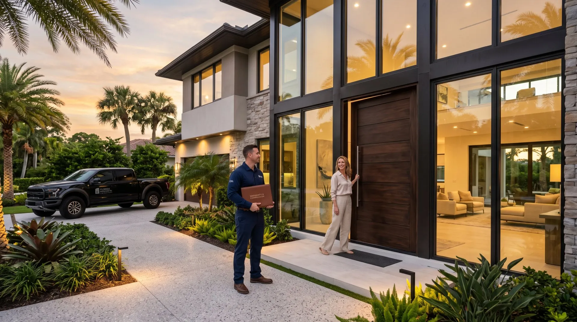 An installer setting an impact window into a Palm Harbor home with glass catching daylight, shown in a minimal grayscale style