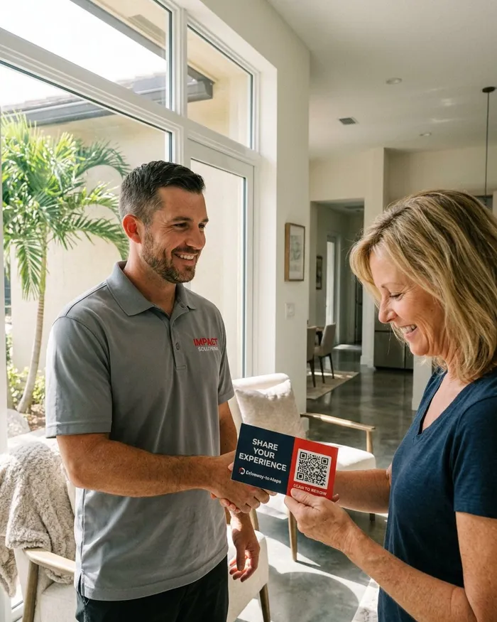 A QR review card handed over at a finished sliding door installation with glass and daylight in frame
